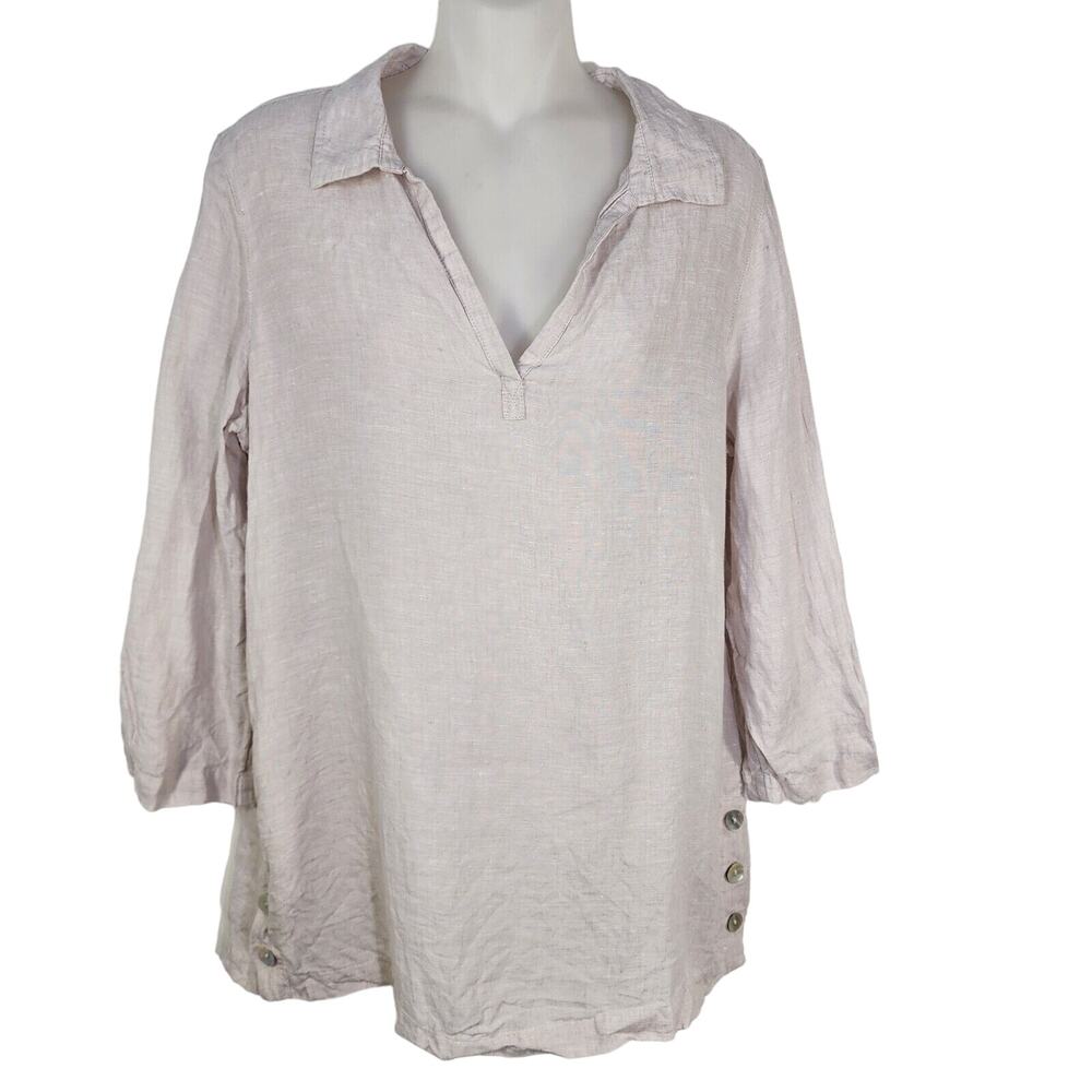 Tahari Womens Tunic Top Size Medium Linen Popover Blush Pink 3/4 Sleeves V Neck